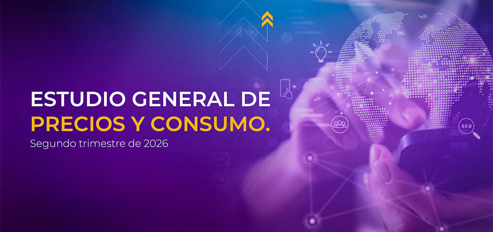 Portada del estudio de precios y consumo en México con gráfico digital de conectividad global y tecnología.