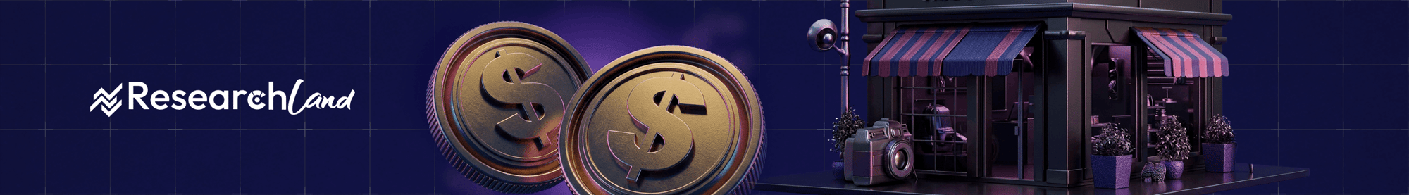 Banner 3D con logo ResearchLand, monedas doradas con signo de dólar y local comercial tipo boutique en fondo púrpura.