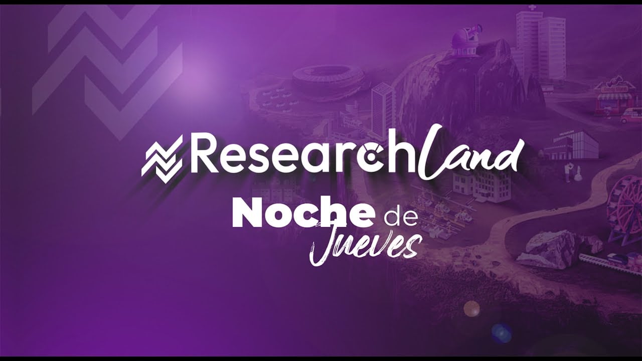 Portada de Research Land Noche de Jueves con identidad visual morada y elementos gráficos de ciudad y negocios.