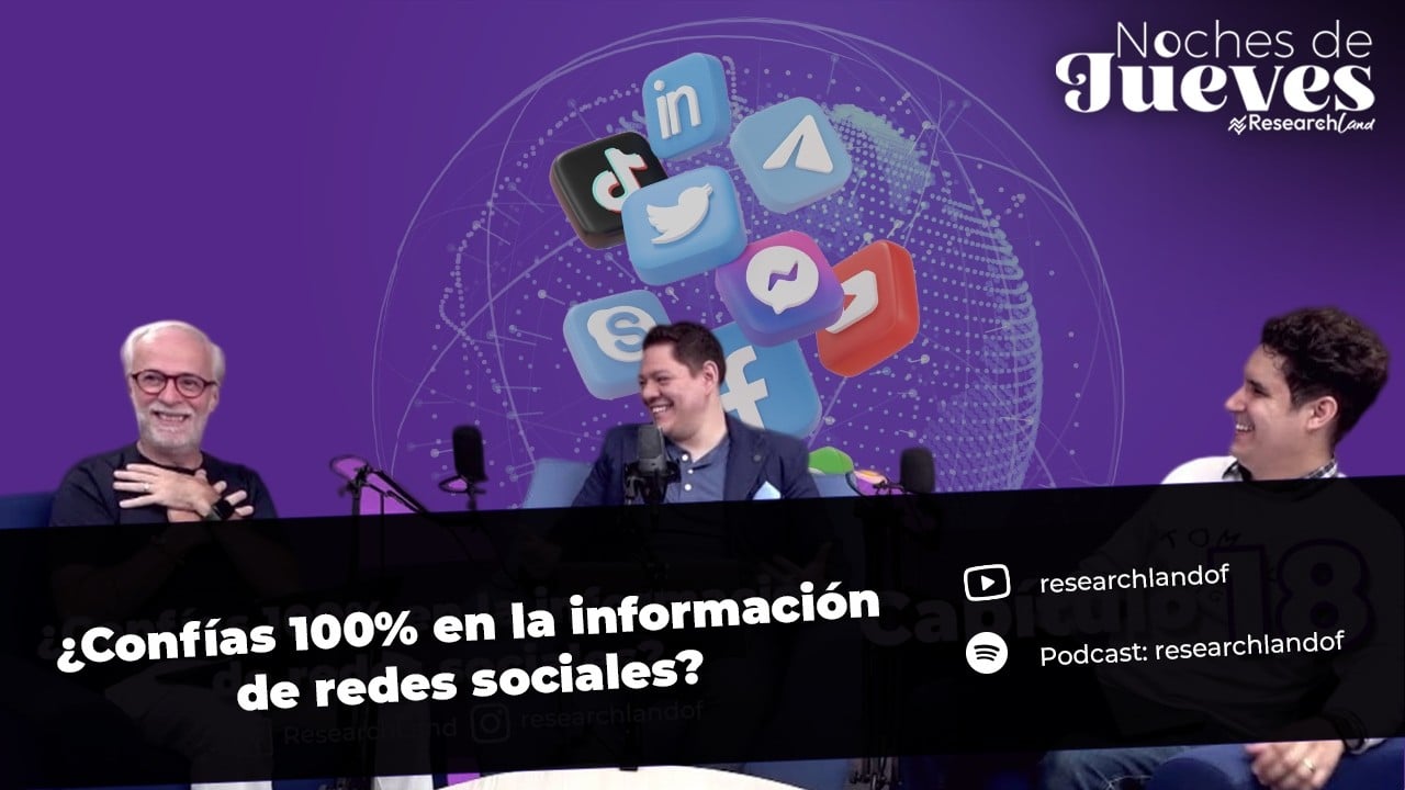 Pablo Levy y dos participantes en el podcast Research Land analizan la credibilidad de la información compartida en redes sociales.