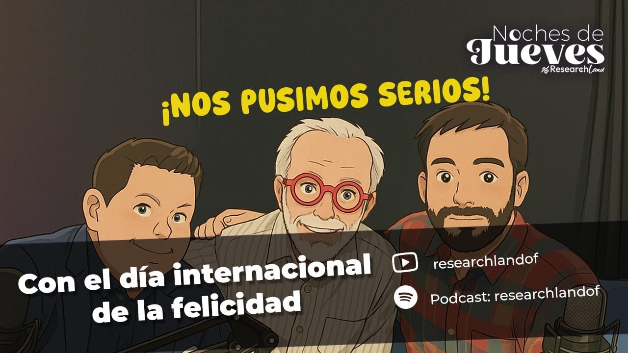 Ilustración de Pablo Levy con dos participantes en podcast de Research Land conversando sobre el Día Internacional de la Felicidad.