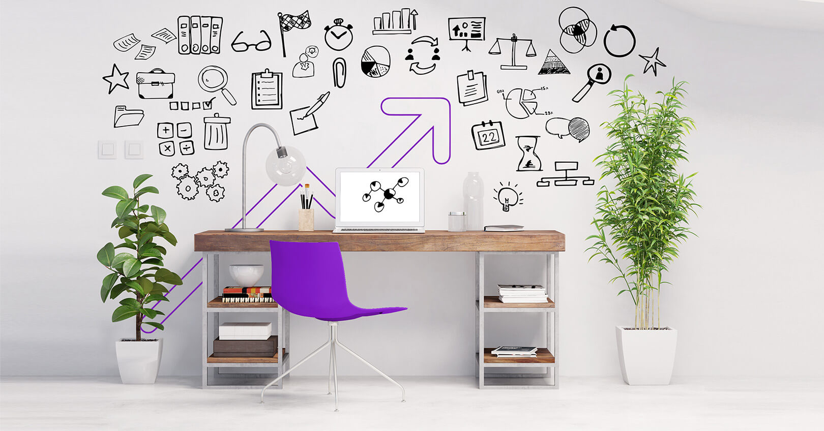 Espacio de trabajo con laptop y gráficos ilustrados que representan análisis, estrategia e investigación de mercados. Espacio de trabajo con laptop y gráficos ilustrados que representan análisis, estrategia e investigación de mercados.