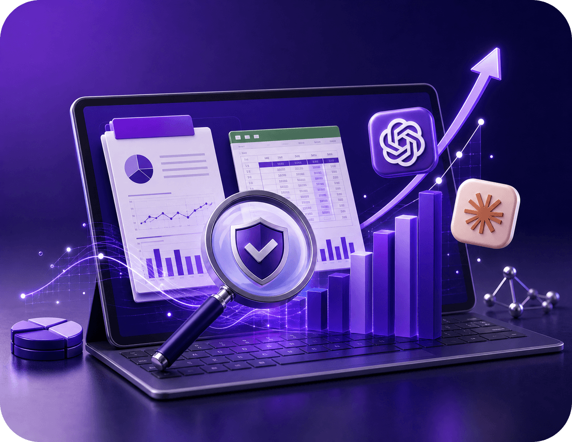 Laptop con gráficos, reporte y lupa sobre escudo, que representa análisis de datos seguro con IA y crecimiento empresarial. Laptop con gráficos, reporte y lupa sobre escudo, que representa análisis de datos seguro con IA y crecimiento empresarial.